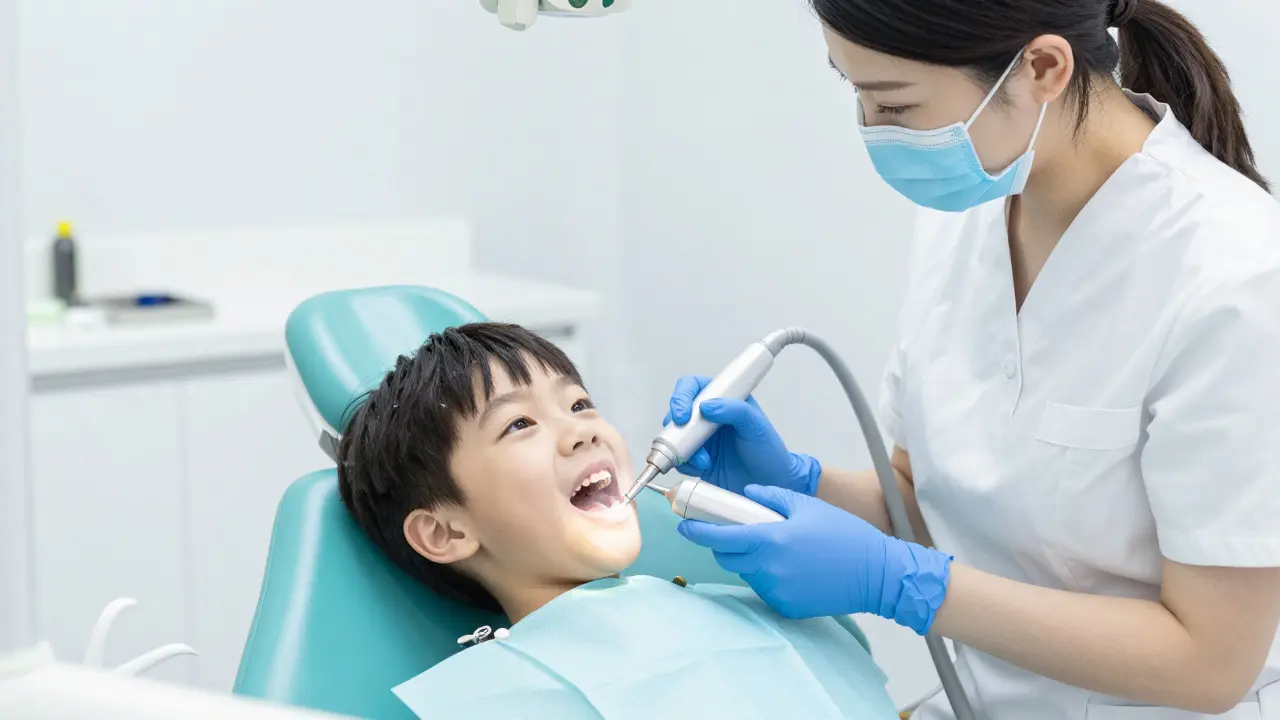 Dentální hygienička provádí profesionální ultrazvukové čištění zubů u dítěte.