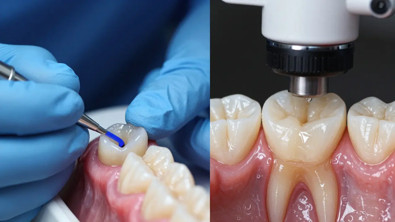 Detail kompozitní výplně a léčby kanálků.