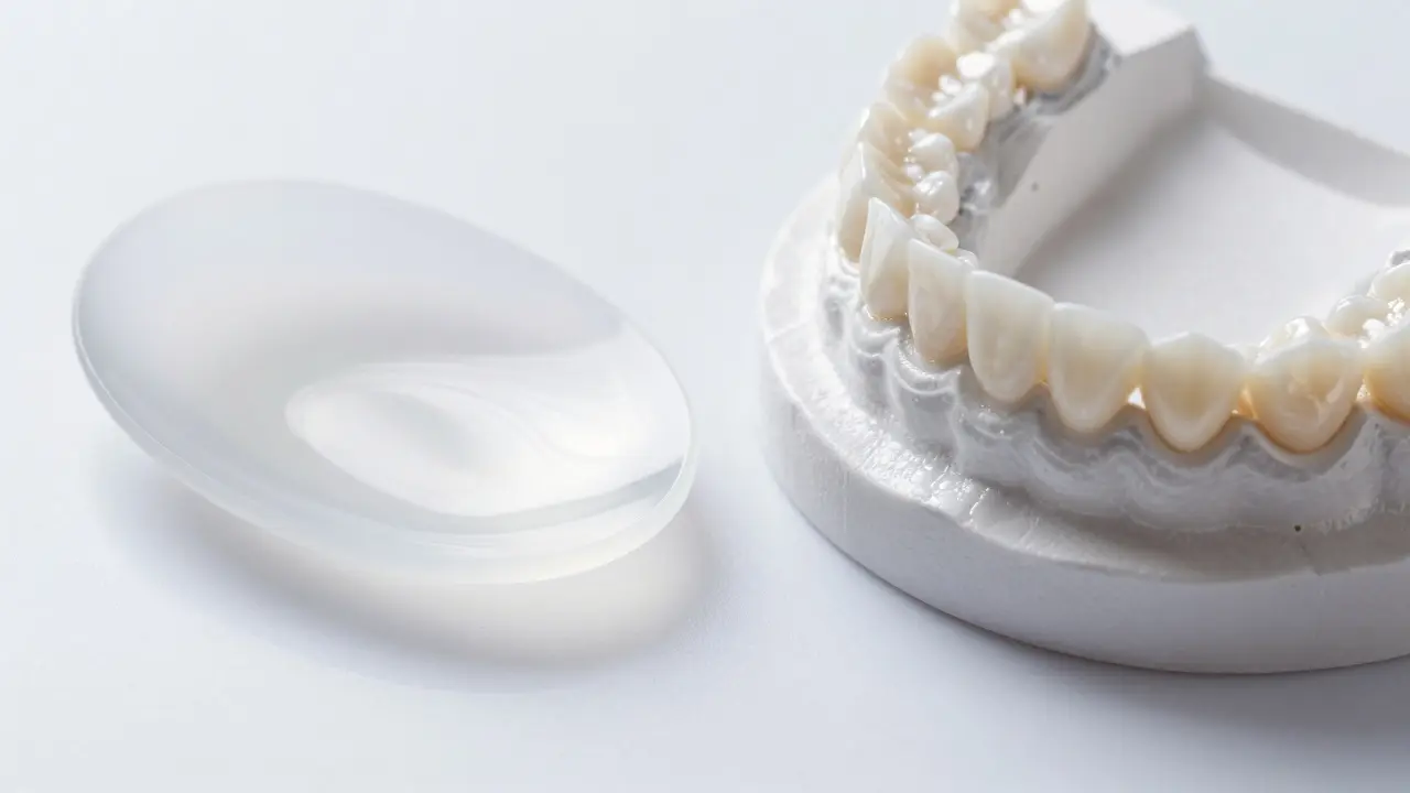 Detail průsvitné keramické fasety a moderního kompozitního materiálu na bílém podkladu