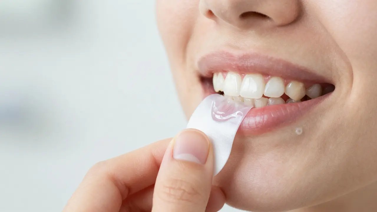 Detailní pohled na aplikaci bělicí pásky na přední zuby.