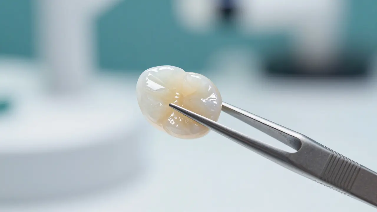 Detailní pohled na keramickou zubní anabinku v profesionálních pinzetách.