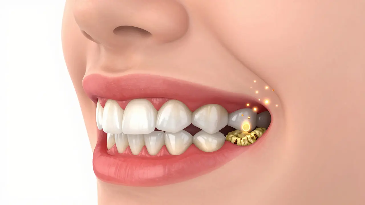 Detailní znázornení zubního kamene a zánětu dásní s proudem zánětlivých látek.