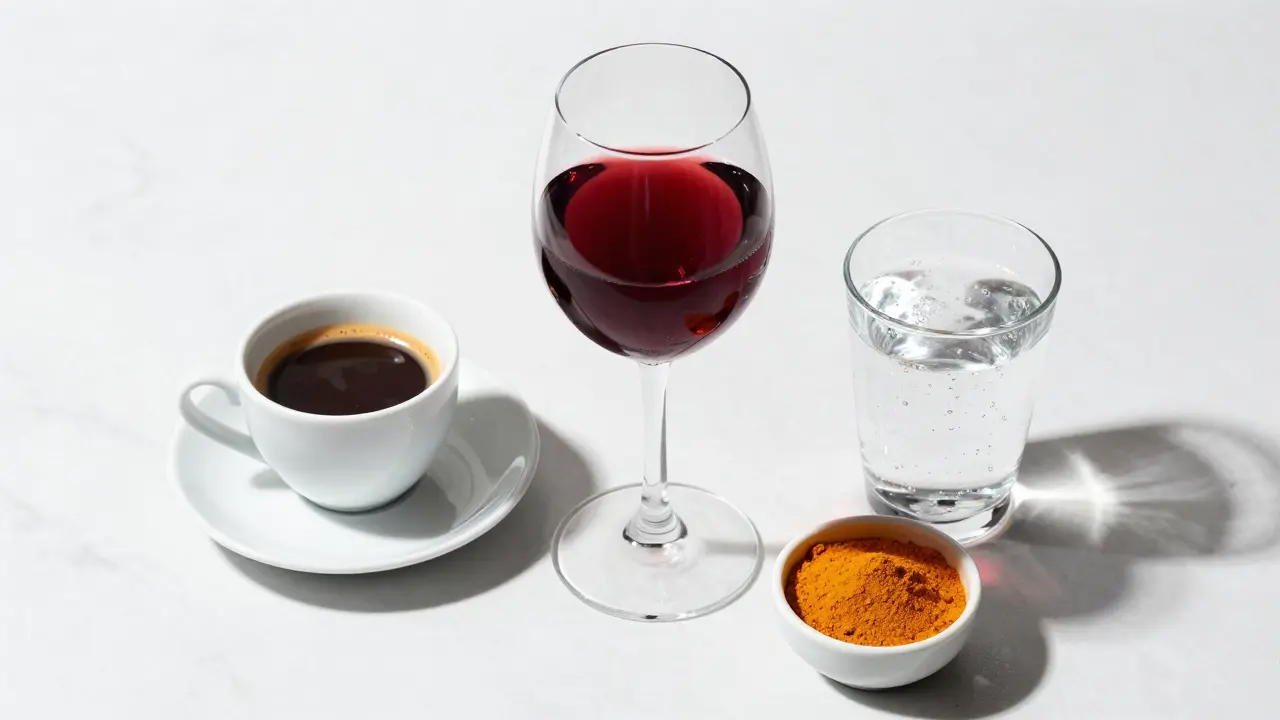 Káva, červené víno a kurkuma vedle sklenice vody jako symboly barviv a jejich splachování.