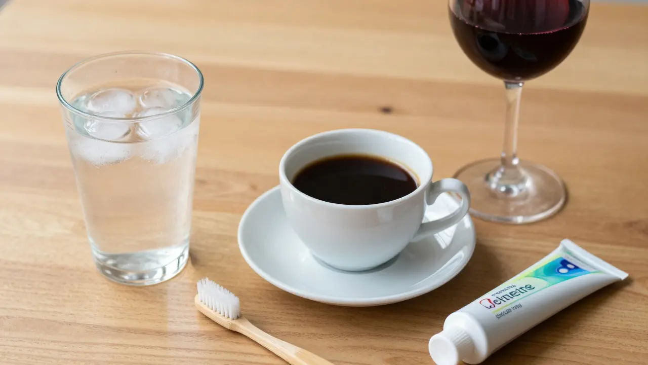 Káva, víno a zubní kartáček jako symbol prevence zabarvení zubů.