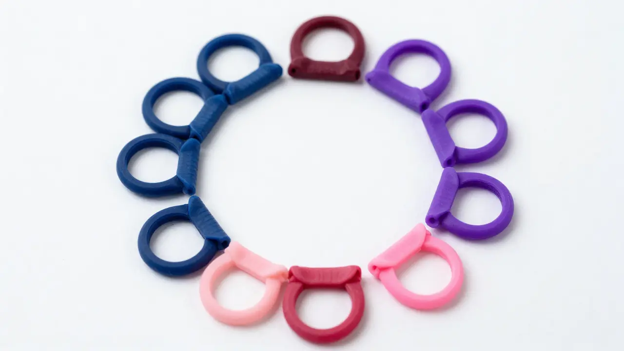 Kolekce barevných elastických gumiček pro keramická rovnátka.