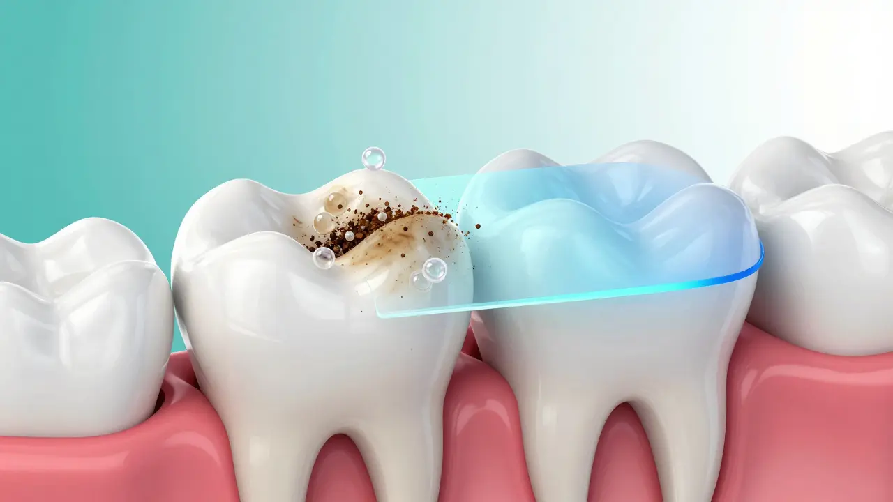 Konceptuální ilustrace mechanismu odstranění skvrn a optického efektu na zubu.