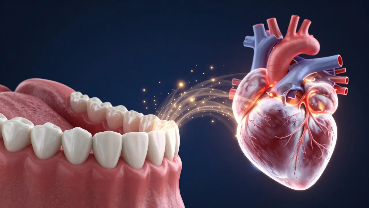 Konceptuální ilustrace spojení zdraví dásní a lidského srdce.