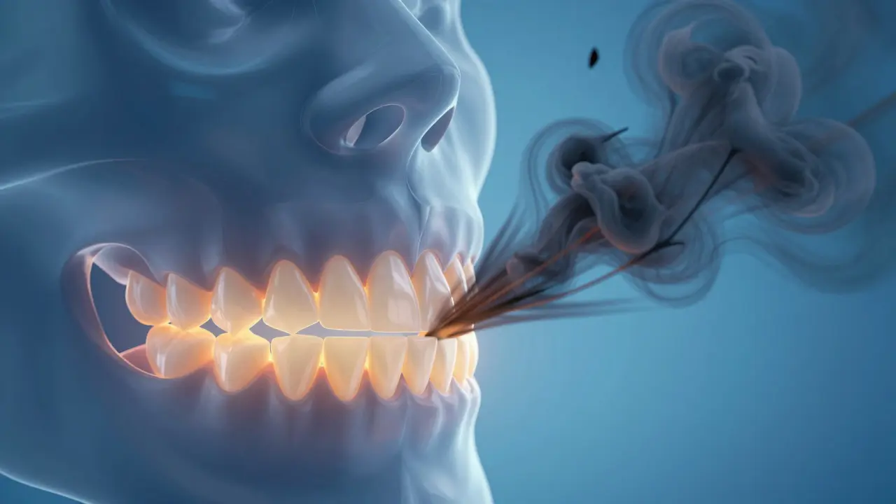 Konceptuální ilustrace znázornující vliv stresu a kortizolu na opotřebení řezáků.