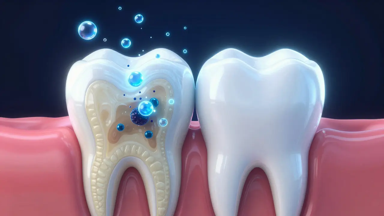 Konceptuální znázornění peroxidu pronikajícího do zuba a odstraňujícího pigmenty.