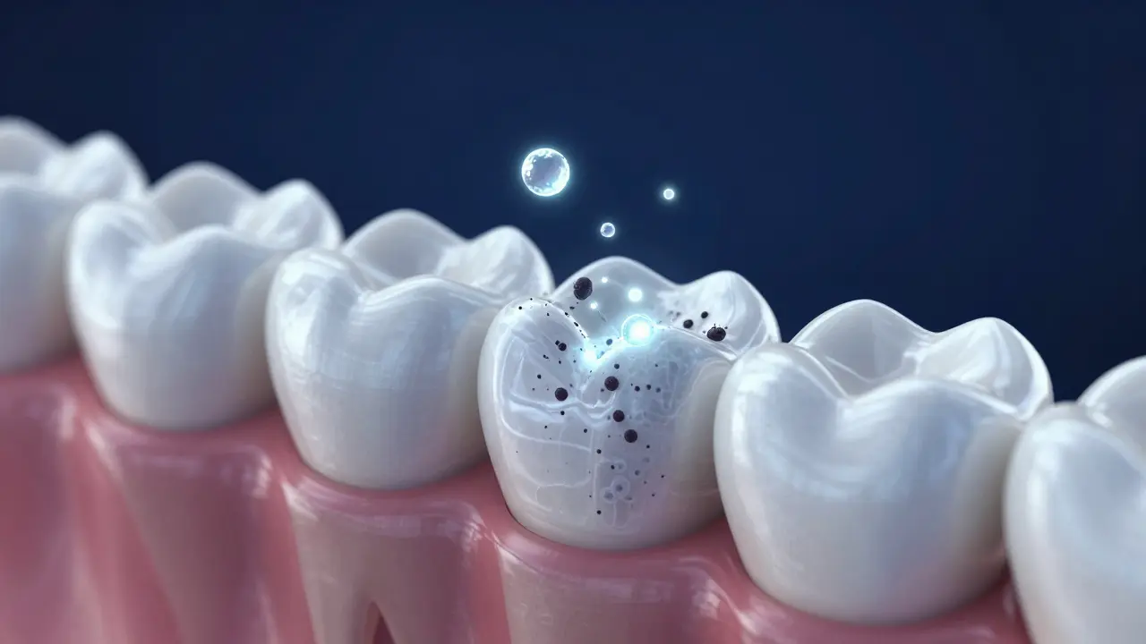 Konceptuální znázornění působení bělidla v zubní sklovině