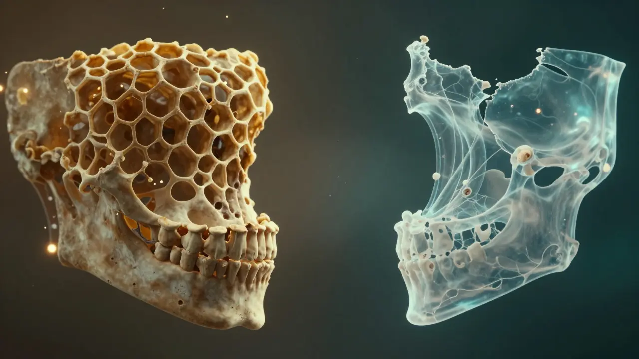 Konceptuální znázornění zdravé a oslabené kostní tkáně.