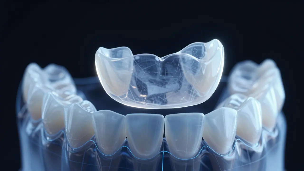 Konzepční 3D model keramické fazety s digitálním plánováním CAD/CAM.