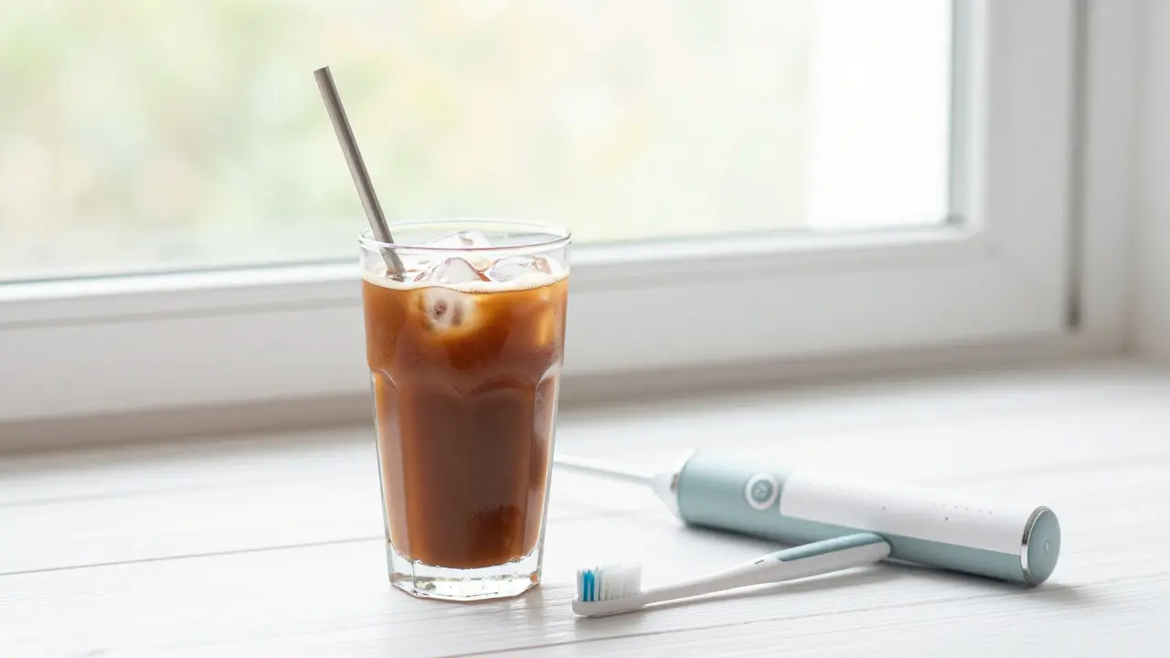 Ledová káva s brčkem a elektrický kartáček jako symbol péče o zuby.