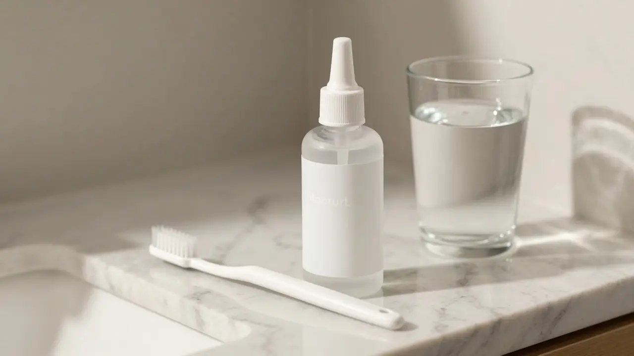Měkký zubní kartáček a zvlhčující roztok na koupelnové půlice.