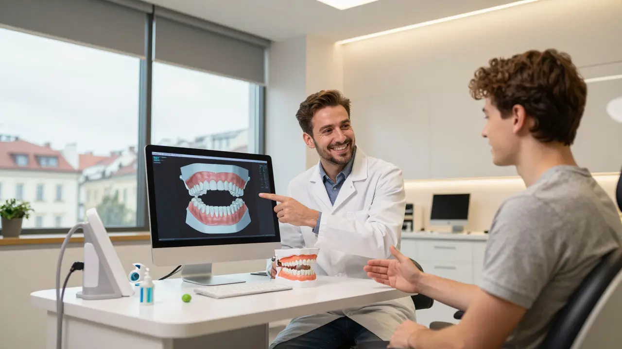 Ortodontista vysvětlující 3D plán léčby pacientovi v moderní klinice.