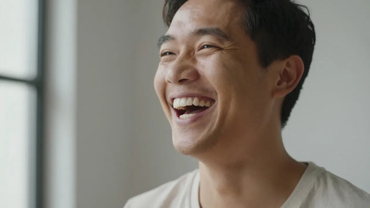 Portrét šťastného člověka s přirozeně vypadajícím a zdravým úsměvem.