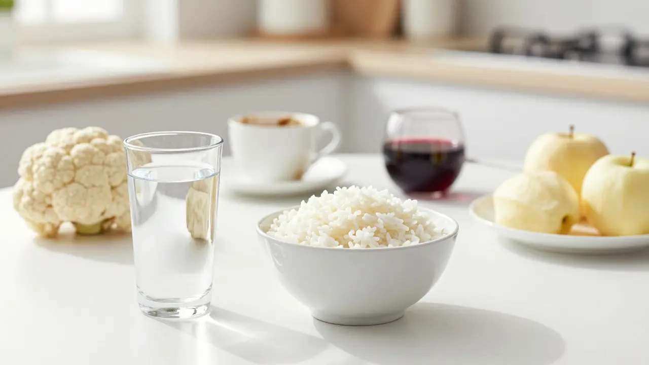 Sada potravin pro bílou dietu s vodou a bílou zeleninou na světlém stole.