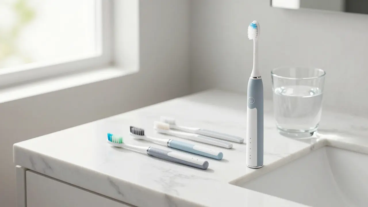 Sada pro mezizubní čištění a elektrický kartáček na mramoru