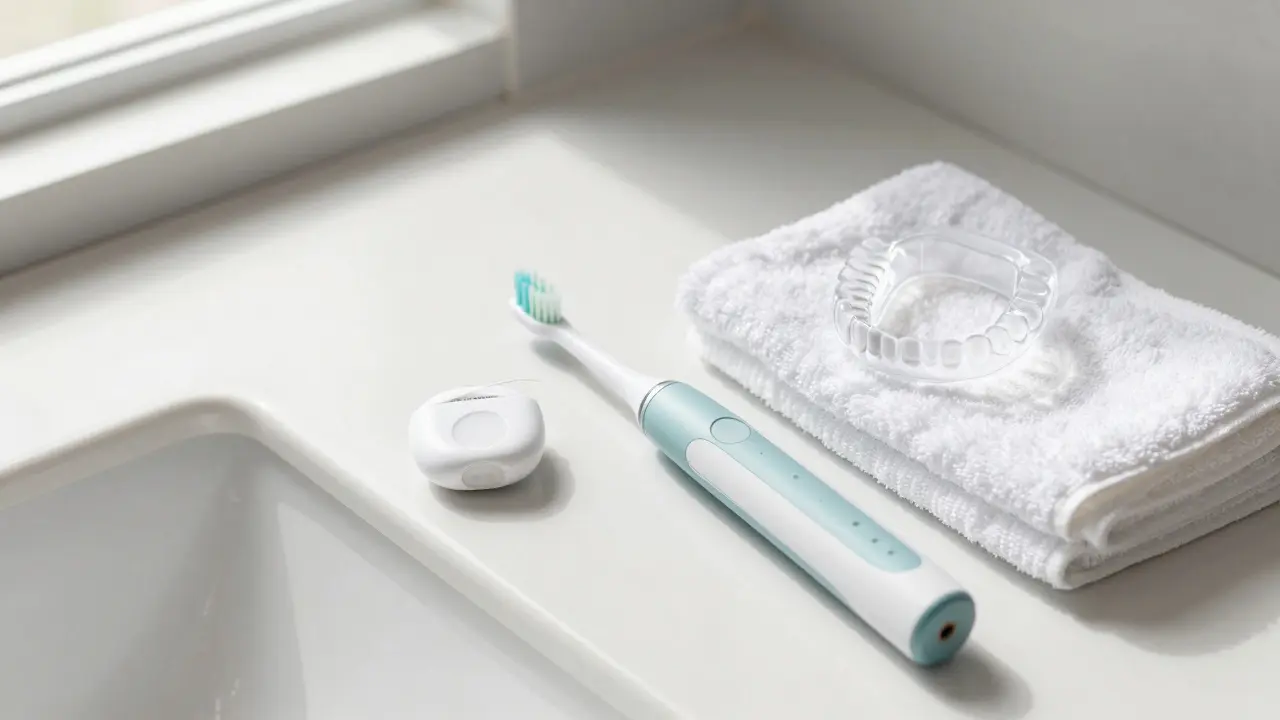 Sada pro péči o zuby zahrnující elektrický kartáček, nit a ochrannou dlabičku na mramorové desce.