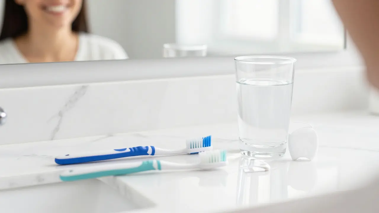 Sada pro ústní hygienu včetně mezizubních kartáčků a nitě na bílém podložce.