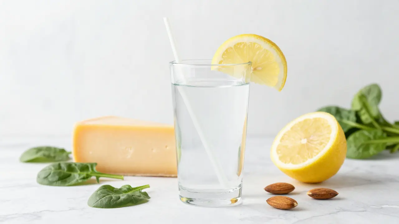 Sada zdravých potravin bohatých na vápník, jako jsou sýry a špenát.