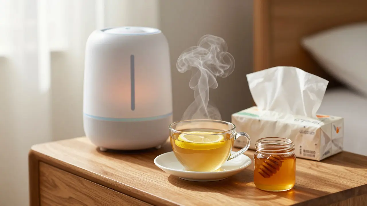 Šálek čaje a zvlhčovač vzduchu jako součást domácí léčby