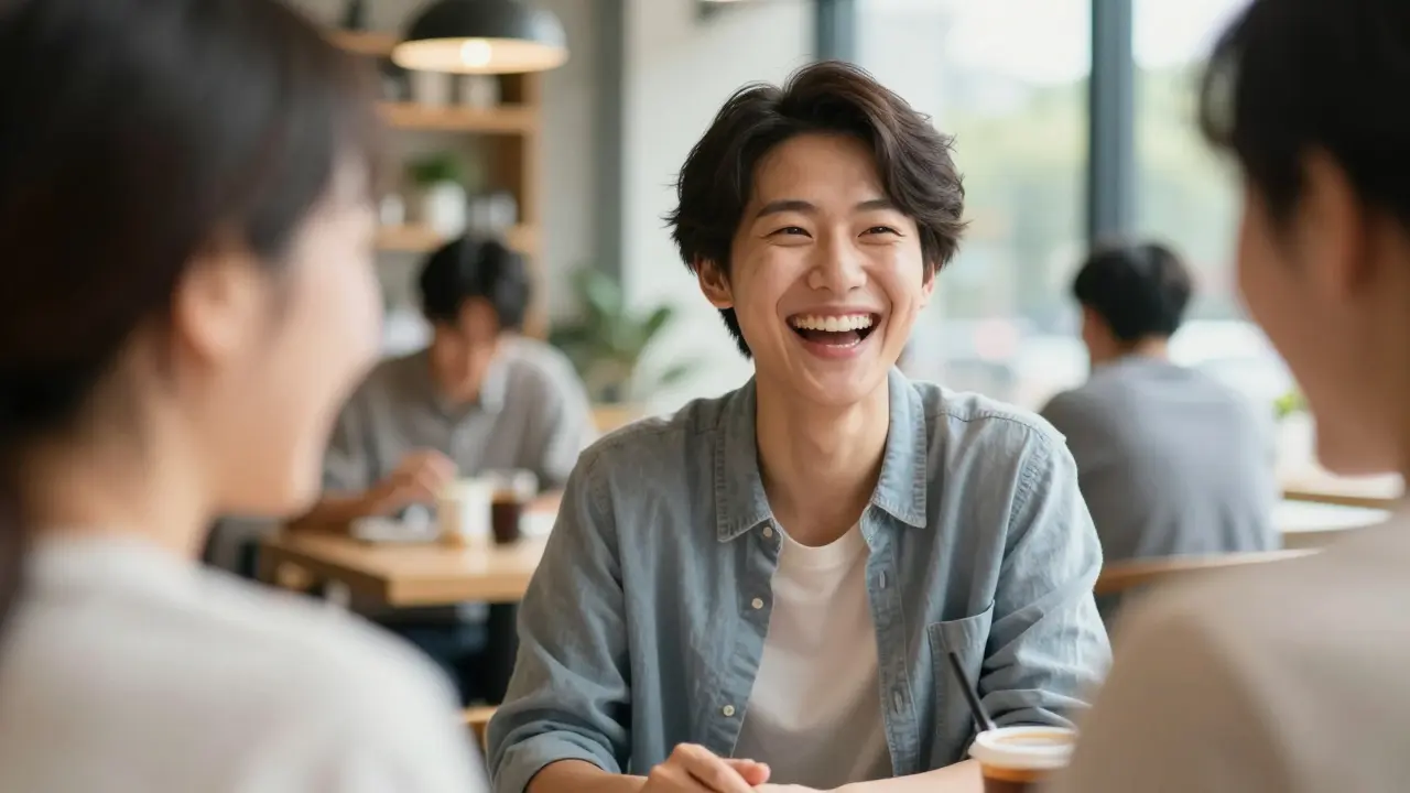 Sebevědomý člověk se radostně směje v moderní kavárně.