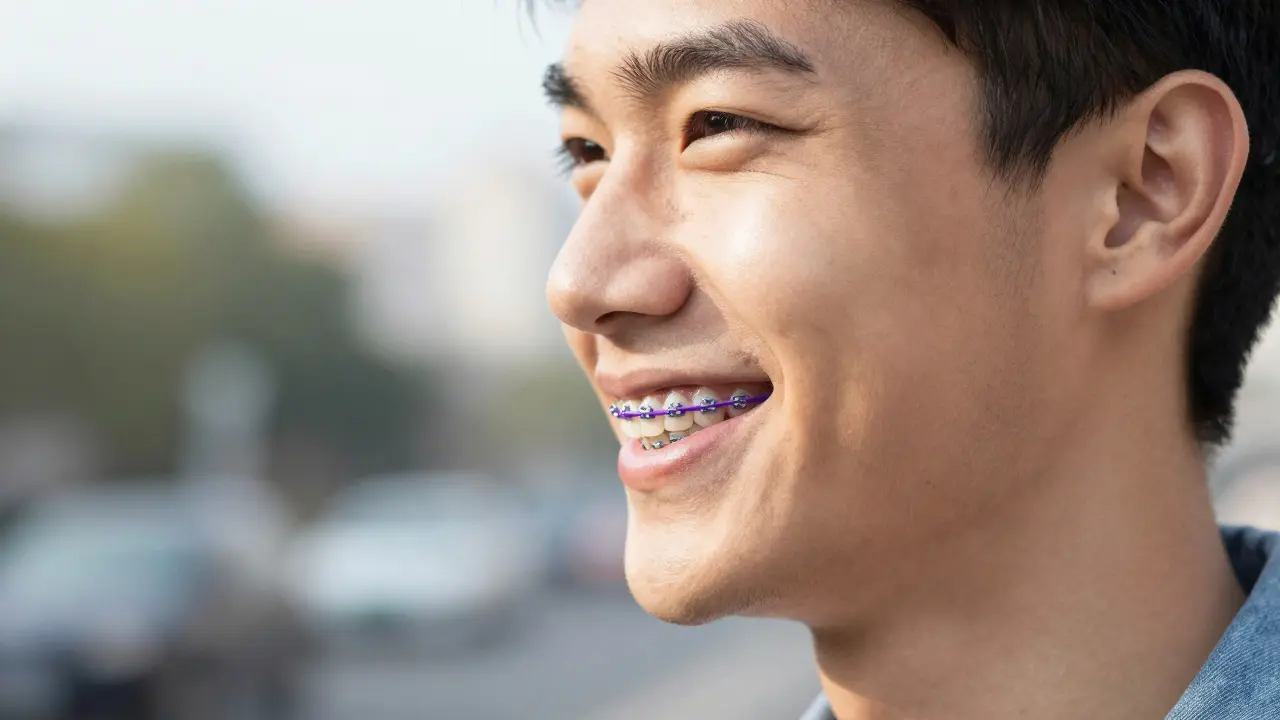  sebevědomý úsměv s keramickými rovnátkami a tmavě fialovými gumičkami.