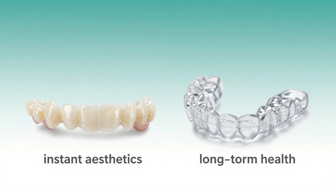 Srovnání keramické fazety a průhledného aligneru pro rovnání zubů.