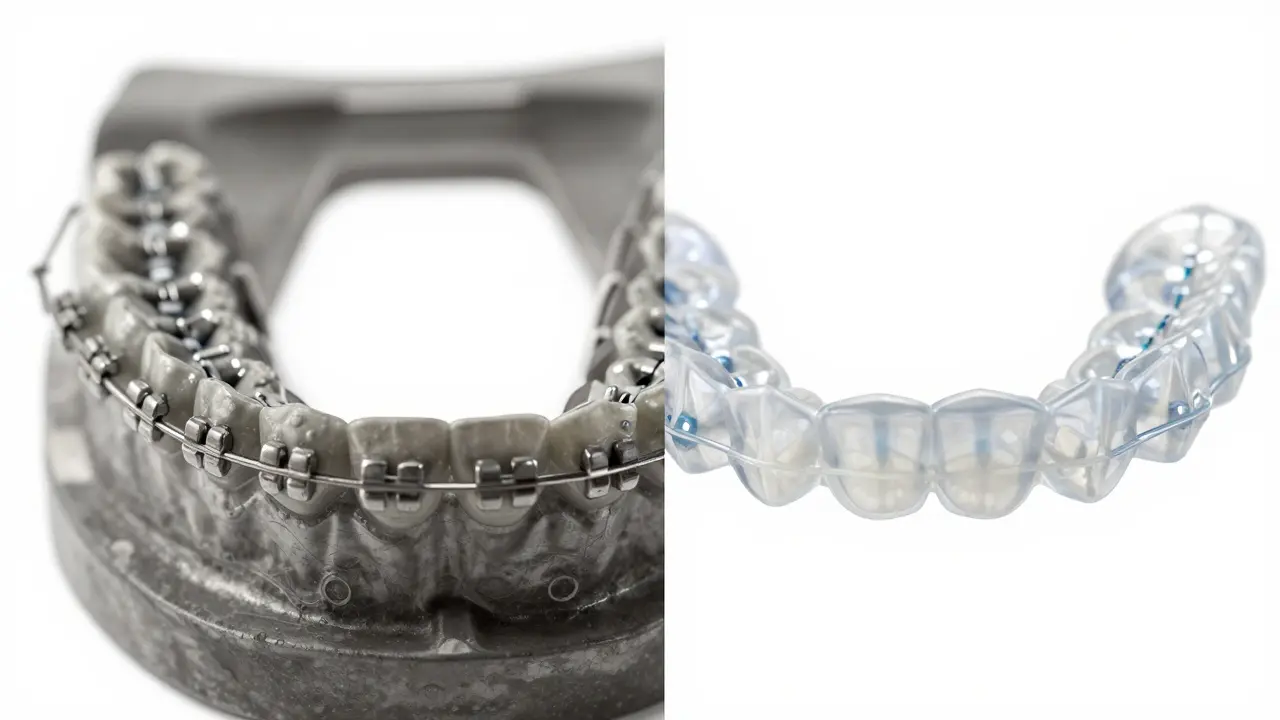 Srovnání kovových rovnatek a průhledných alignerů na zubech.
