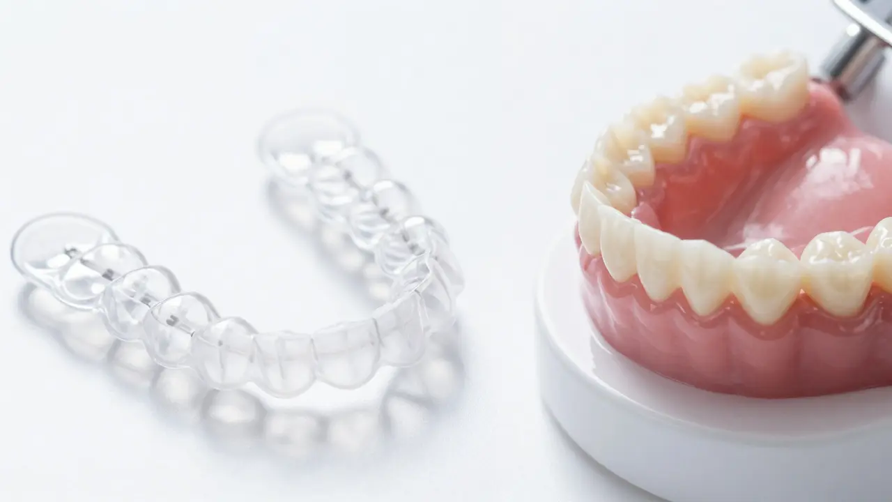 Srovnání průhledného aligneru a estetické střípka na bílém pozadí.