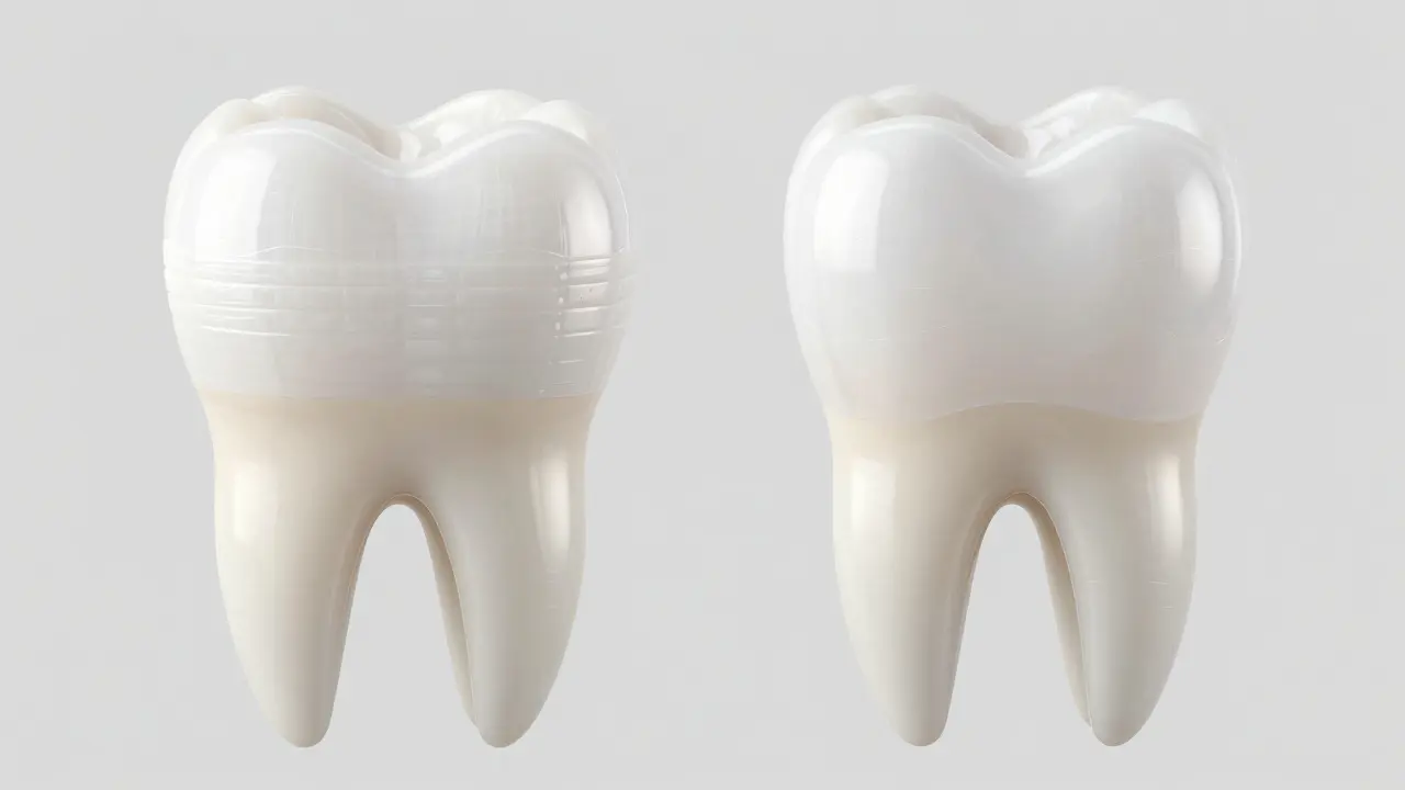 Srovnání struktury kompozitní plomby a estetické celokeramické fazety na zubech.