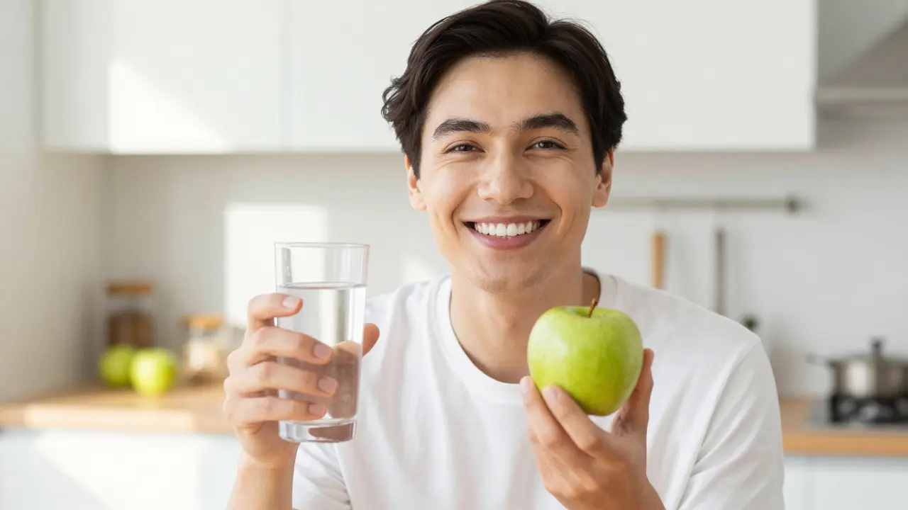 Usměv㖡ý člověk s čistými zuby s jablkem v slunné kuchyni.