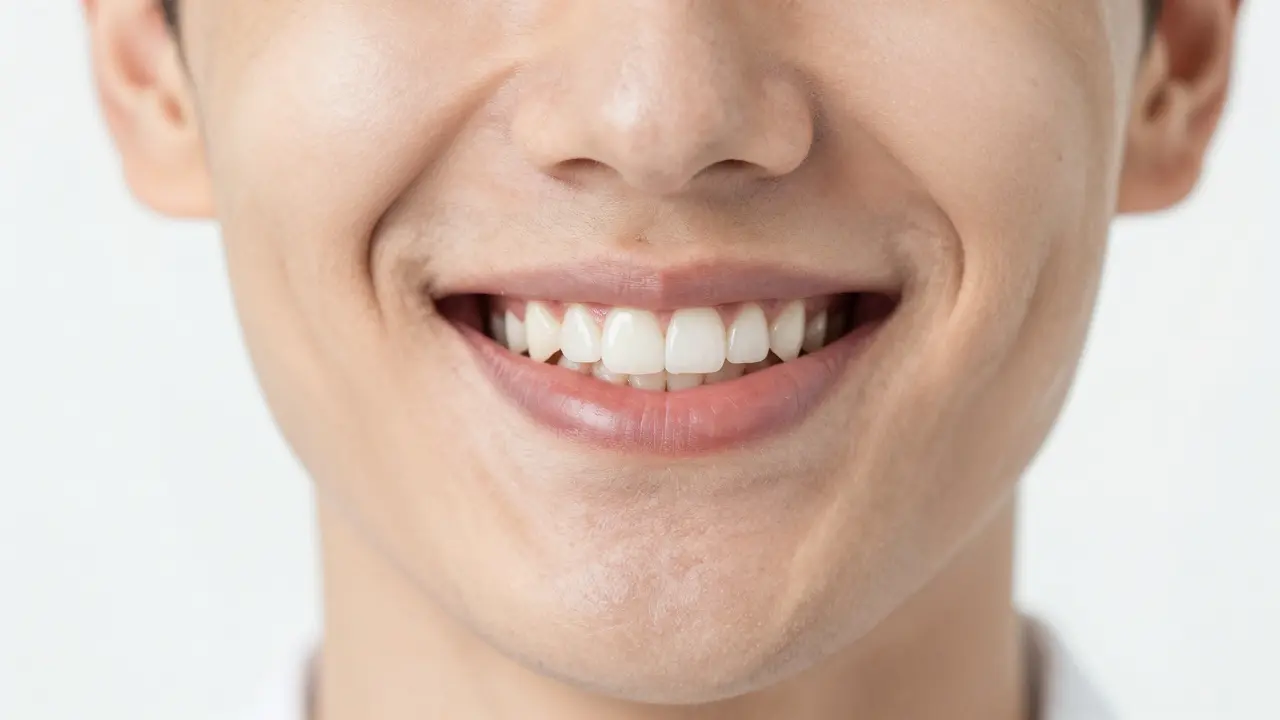 Úsměv zdravého člověka s přirozeně vypadajícími zuby.