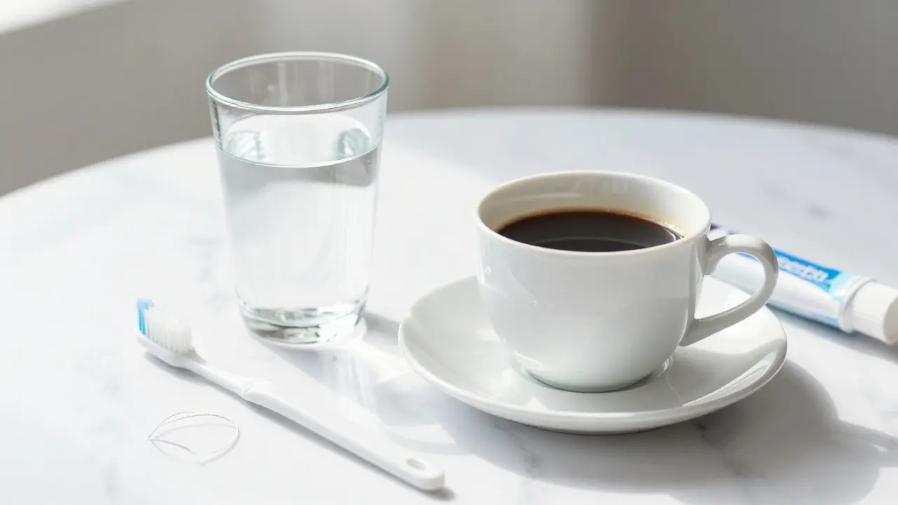 Zdravý bílý úsměv vedle šálku kávy a pomůcek pro hygienu