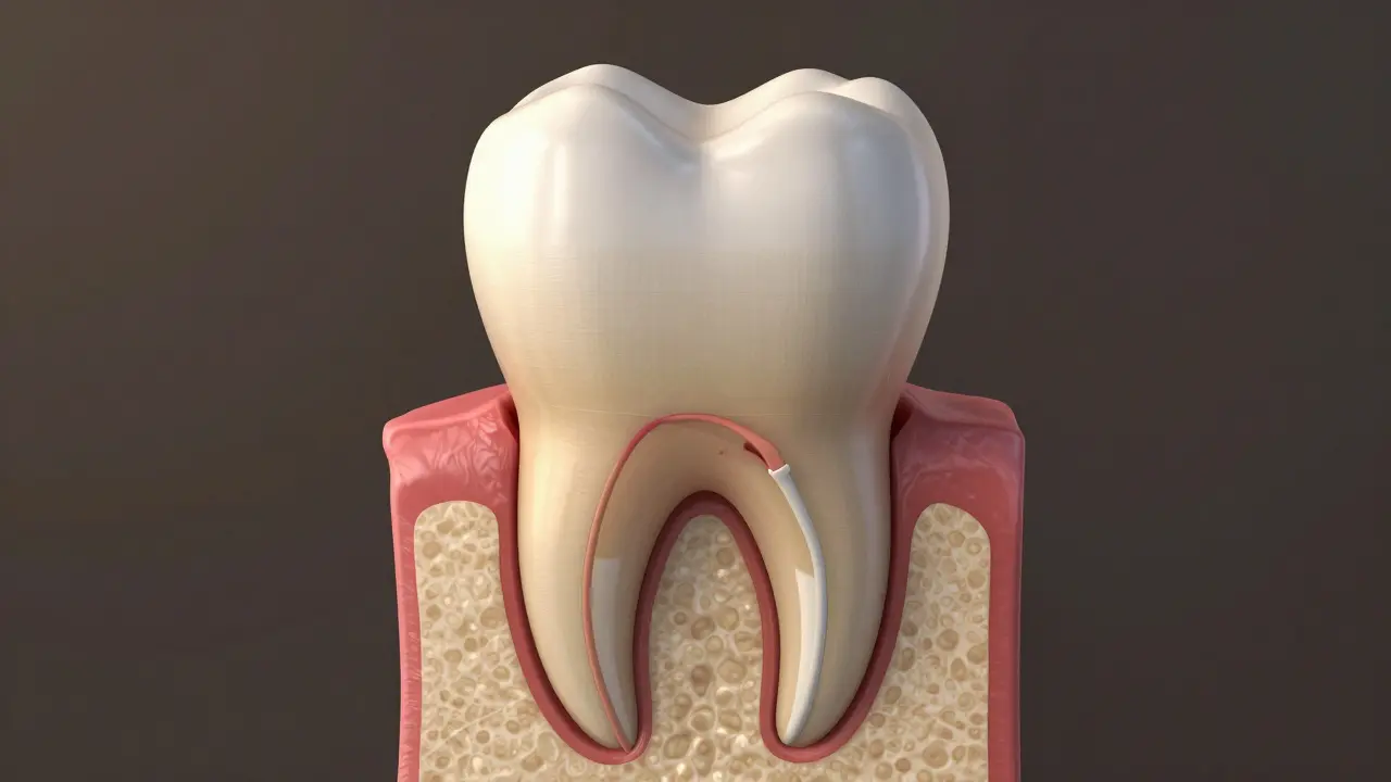 3D ilustrace anatomie zubu s viditelnými kořenovými kanály