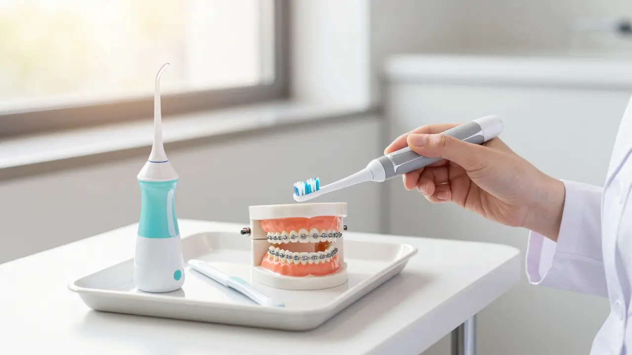 Dentista ukazuje čištění zubů s rovnátky pomocí speciálního kartáčku