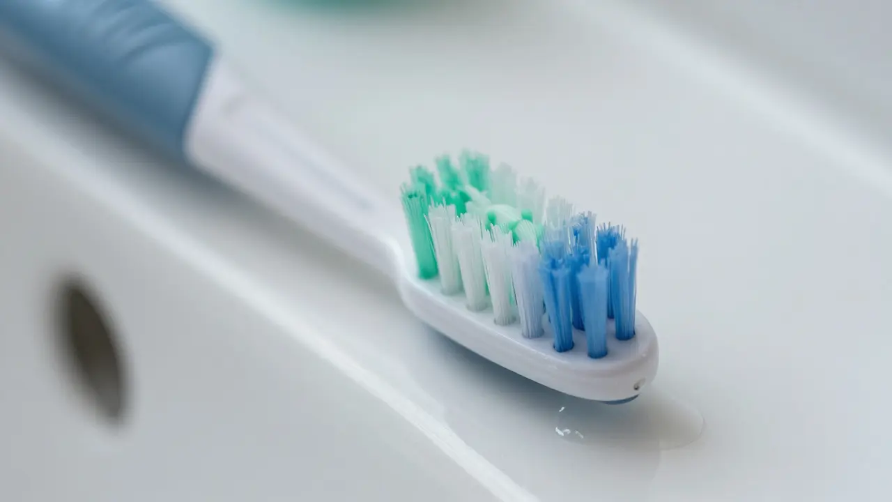 Detail měkkých štětin dětského sonického kartáčku na umyvadle