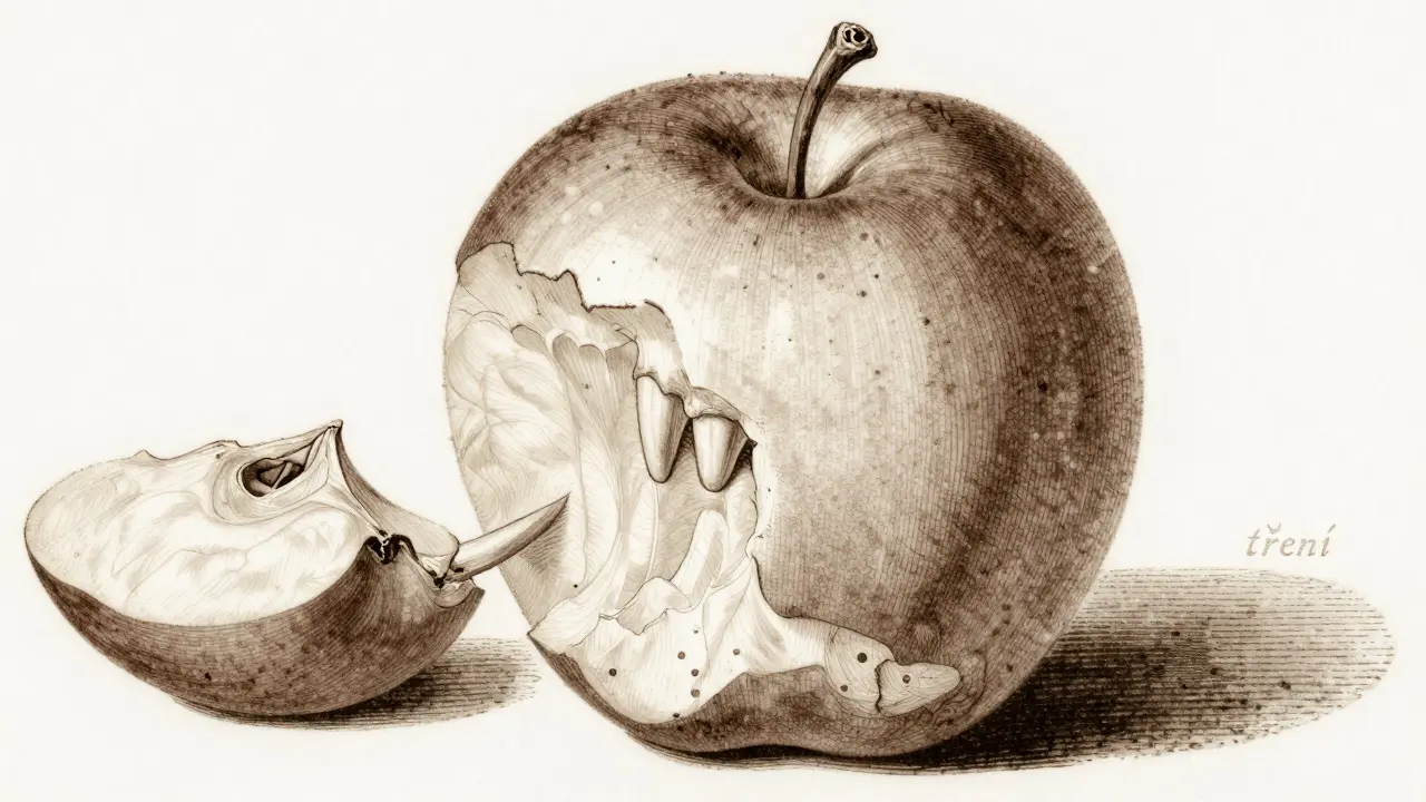 Ilustrace kousání jablka ukazující funkci řezáků