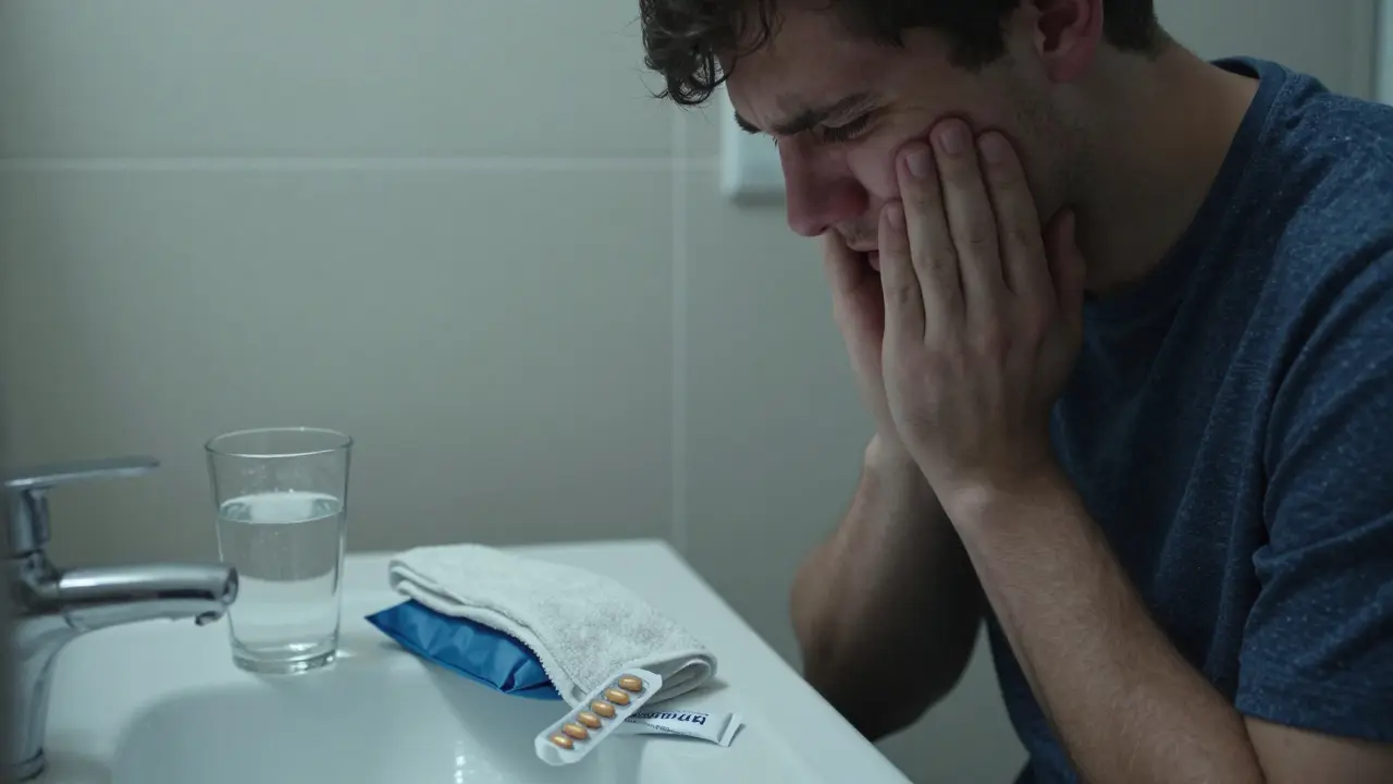 Mladý člověk s bolestí čelisti a domácími léky jako led a sůl.