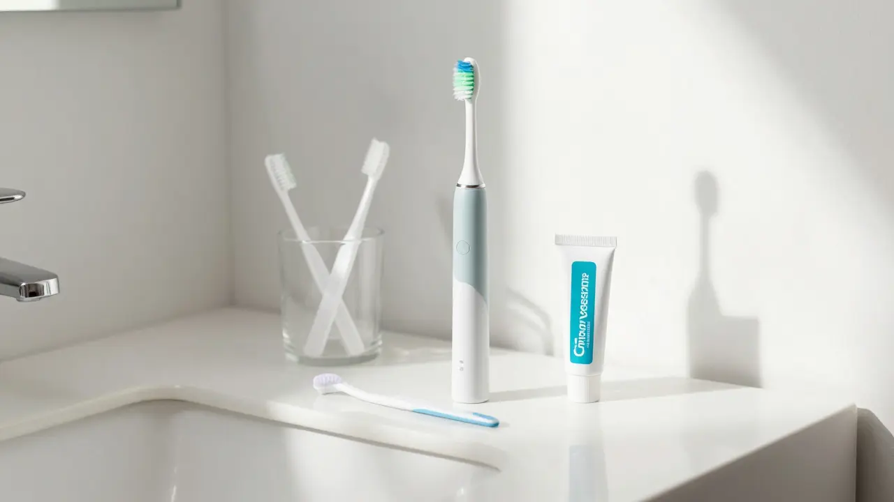 Přehled nástrojů pro kompletní ústní hygienu na koupelnovém pultu