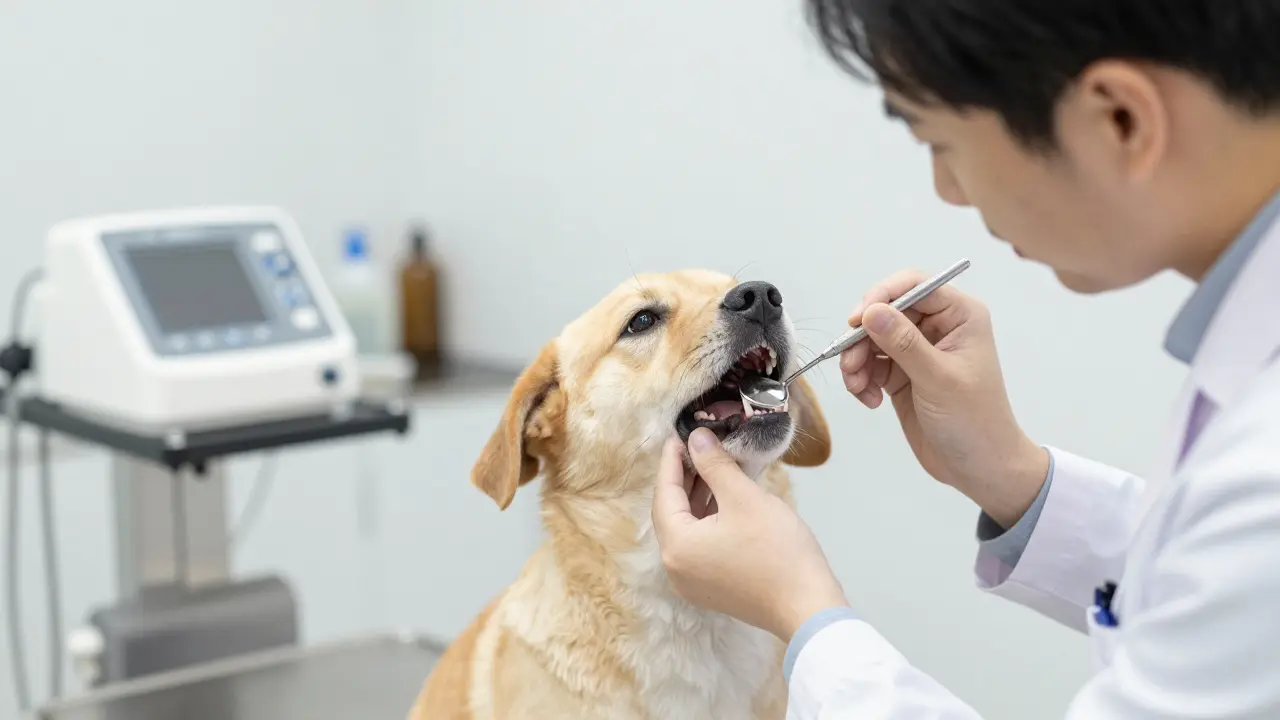Veterinář zkoumá zuby psa v klinice pomocí zubního zrcátka