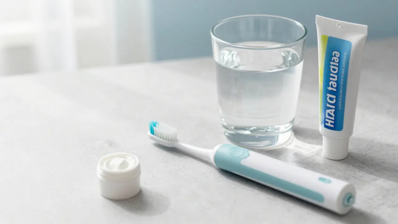 Zubní kartáček a voda symbolizující správnou ústní hygienu