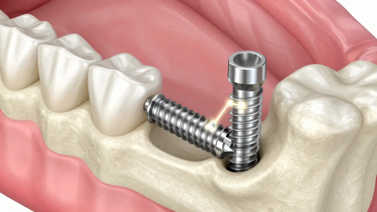 3D ilustrace titánového implantátu integrovaného do čelisti