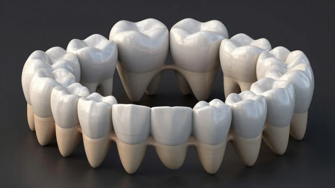 3D vizualizace různých typů zubů: řezáků, špiňáků a stoliček