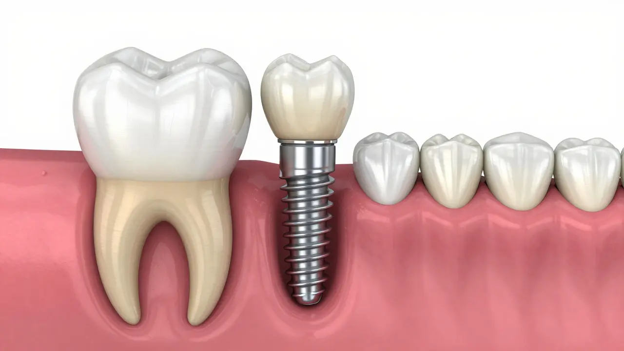 Anatomické srovnání implantátu, mostu a přirozeného zubu
