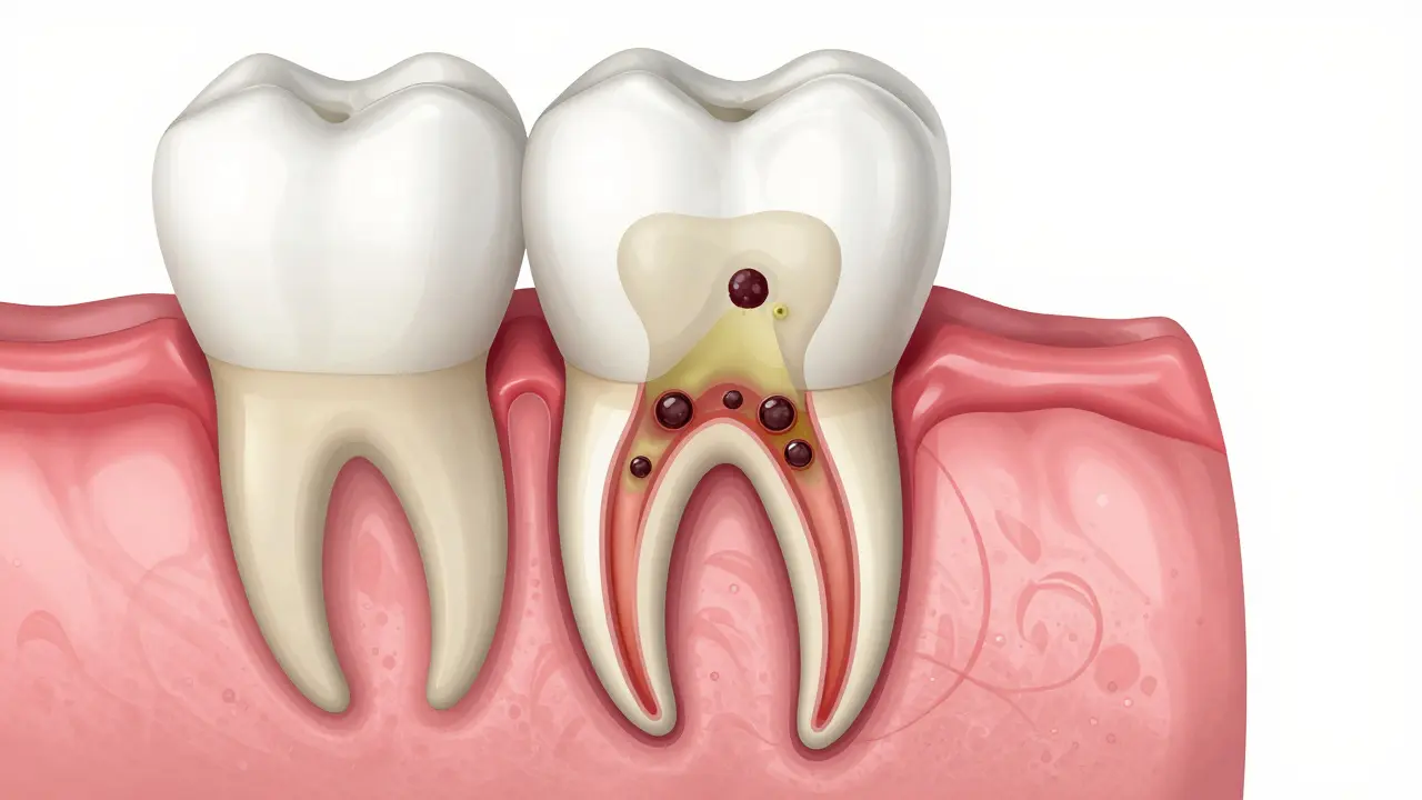 Anatomický průřez zubem ukazující zánět okostice a hnis u kořene.