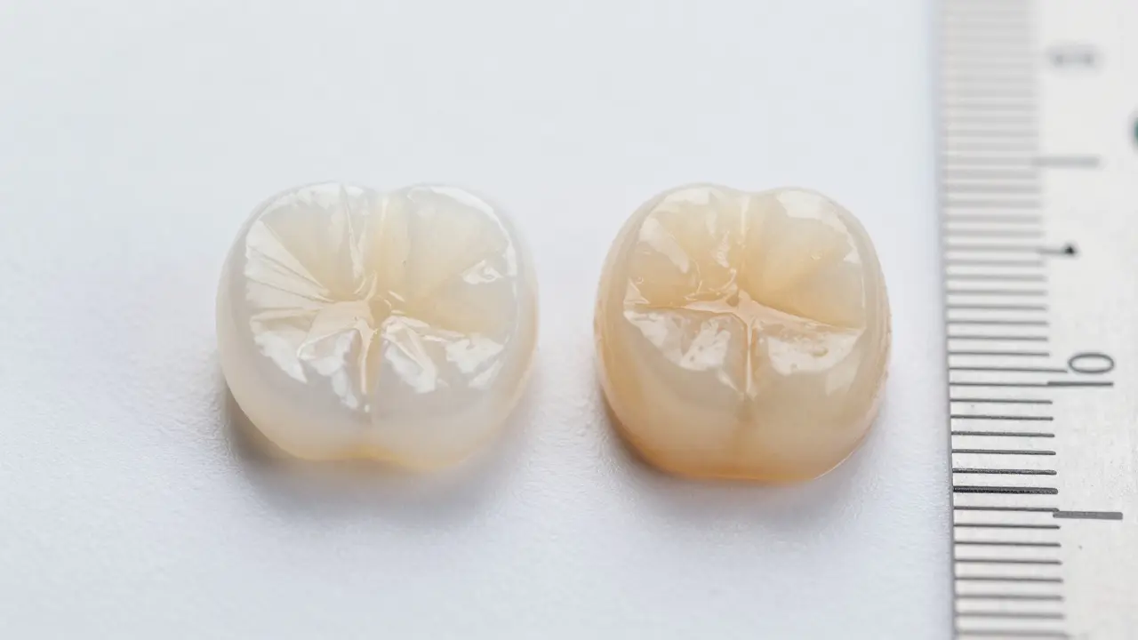 Detailní záběr porcelánové a kompozitní zubní fazety vedle sebe.