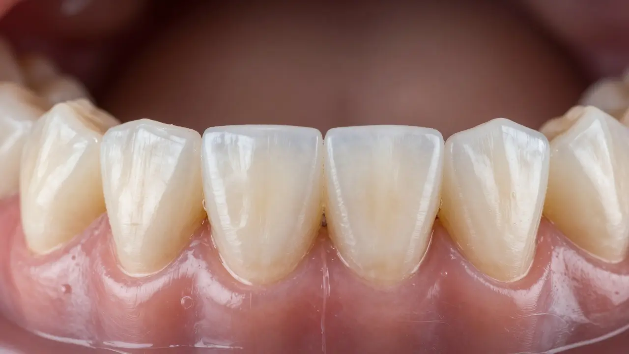 Makro záběr předních zubů s erodovanou sklovinou, která je průsvitná a žlutá odhalující dentin