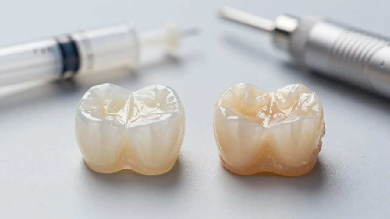 Porovnání porcelánové a kompozitní zubní fazety na zubním podnose